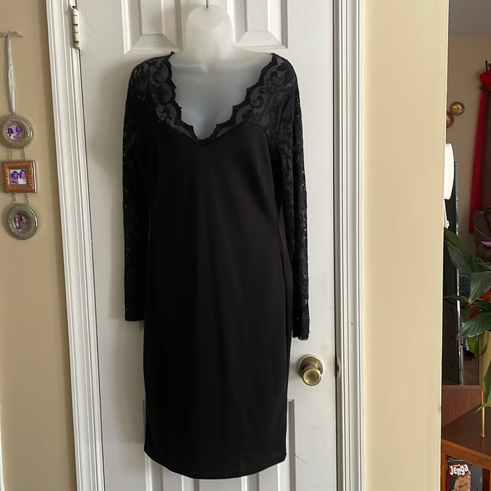 NWT L black knit dress with lace long sleeves